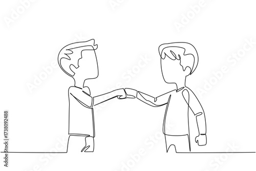Single continuous line drawing two brothers clenching their fists and giving each other a fist bump. Form of celebration for the success achieved. Day of Brother. One line design vector illustration