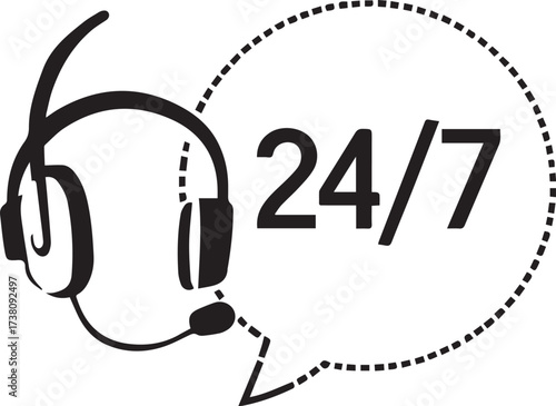 Customer support icon — black and white headset with microphone and 24/7 speech bubble symbolizing round-the-clock service