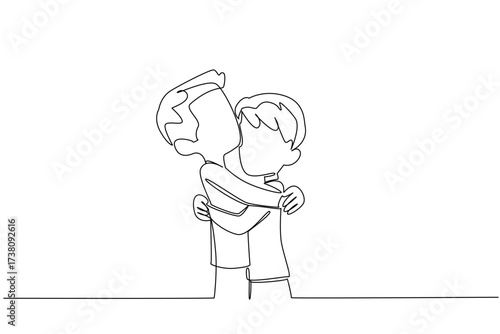 Single one line drawing two brothers hugging each other. Bonding. Family like close friends who are very close.. The happiness of siblings. Day of Brother. Continuous line design graphic illustration