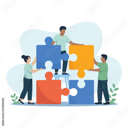Teamwork jigsaw puzzle concept diverse team connecting puzzle pieces to achieve shared goals