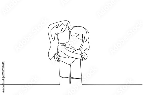 Single continuous line drawing two sisters hug each other. Hugging like a fictional childhood character. Hugging tightly, not wanting to let go. Day of Brother. One line design vector illustration