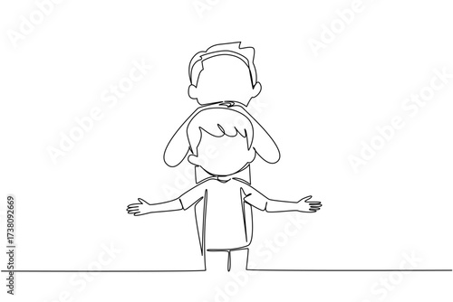 Continuous one line drawing an older brother hugging head of his younger brother. Two cute and compact siblings. Taking care of each other. Day of Brother. Single line draw design vector illustration