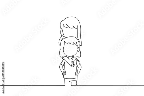 Single continuous line drawing older sister hugs body of younger sister from behind. Favorite pose when taking photo with his beloved little sister. Day of Brother. One line design vector illustration