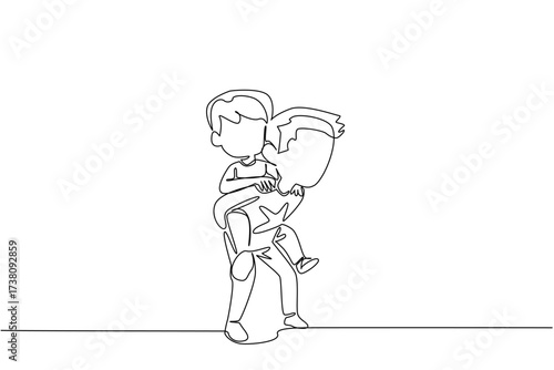 Continuous one line drawing older brother carrying younger brother on back. Having a child who can work together. Fun. Bonding. Happiness. Day of Brother. Single line draw design vector illustration