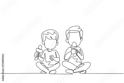 Continuous one line drawing two brothers holding a mic. Utilizing technology called microphone. Karaoke together with joy. Fun together. Day of Brother. Single line draw design vector illustration