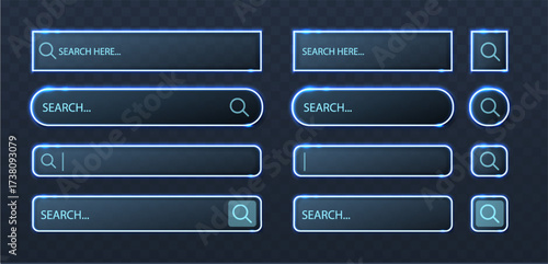 Vector icon illustration. Set of neon search bar icons in different shapes, ui elements isolated on dark background.