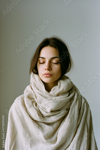 A woman is wearing a scarf and looking at the camera