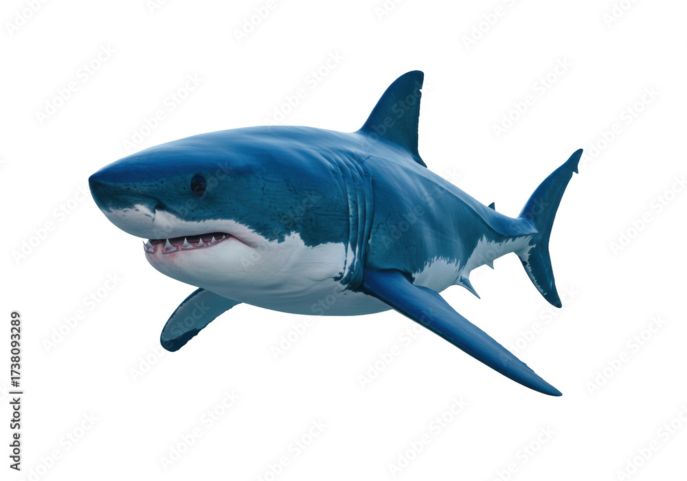 Obraz premium Isolated Great White Shark Side View Undersea Predator on Plain Seamless Backdrop