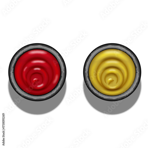 Ketchup and mustard in small black bowls top view isolated on white background realistic 3d vector illustration, set of red and yellow sauces for fastfood, snack, burger, hotdog and restaurant menu.