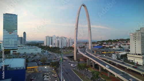 aerial view of a cable-stayed bridge in Sao Jose dos Campos, countryside of Sao Paulo state during sunset
