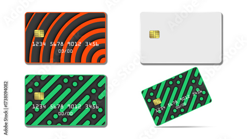 Set of credit and debit card vector 3d mockups with chip isolated on white isometric and top view, white blank template, green, orange abstract geometric patterns designs for banking and payment.