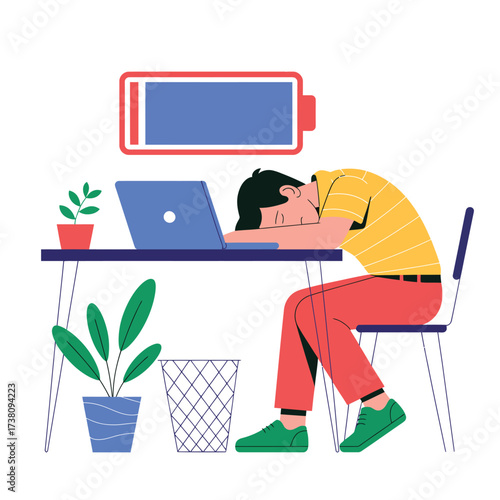 Exhausted man sleeping on desk with laptop and low battery icon overhead