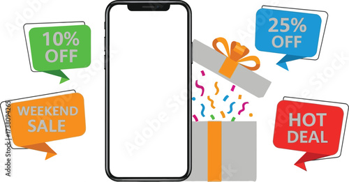 Smartphone displaying special offers and a festive gift box with confetti, symbolizing online shopping deals and promotions.