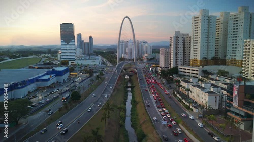 aerial view of a cable-stayed bridge in Sao Jose dos Campos, countryside of Sao Paulo state during sunset
