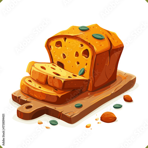 Vector illustration of sliced pumpkin bread with colorful dried fruits on a wooden board, on a white background