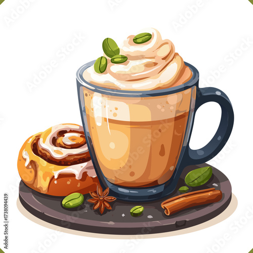Vector illustration of a pumpkin spice latte with cinnamon bun, isolated on white background. A pumpkin spice latte and a cinnamon bitten roll with icing on white background