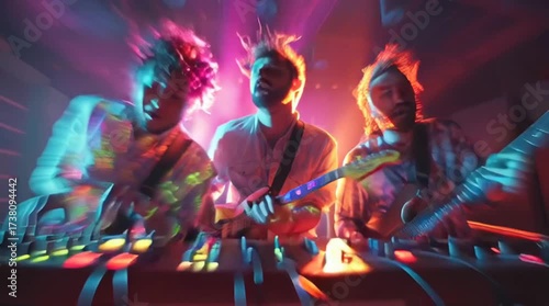Energetic Band Performing Live on Stage with Psychedelic Lighting