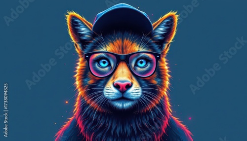 Neonaccented Futuristic Feline with Glasses and Cap