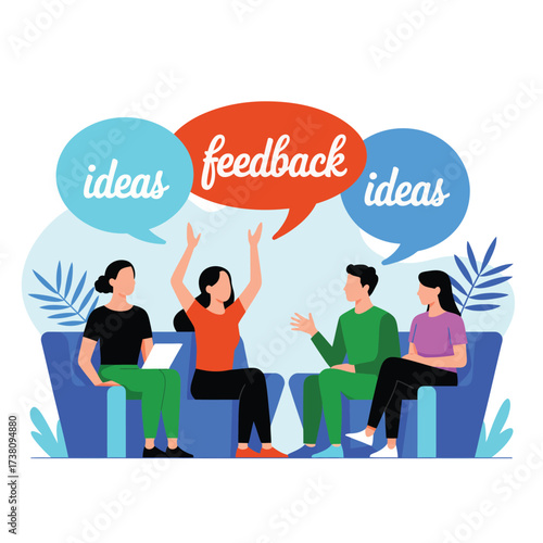 Team brainstorming session with ideas and feedback for creative problem solving together