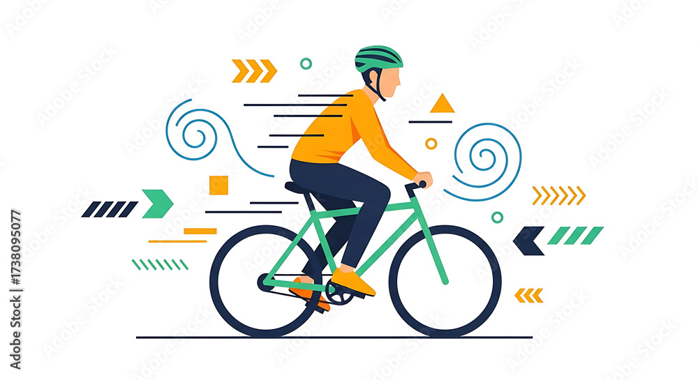 Fototapeta premium A person wearing a helmet rides a bicycle with abstract speed lines and geometric shapes in the background.