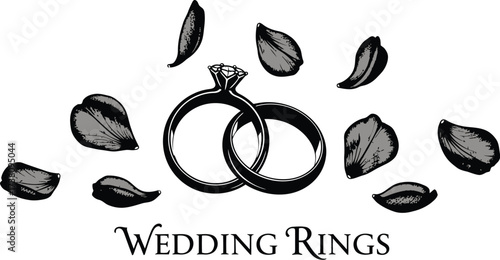Elegant wedding rings intertwined with falling petals, symbolizing love and commitment