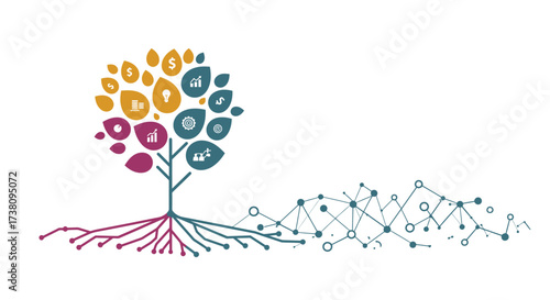 Modern Vector Business Illustration with Network Tree Representing Growth and Connectivity