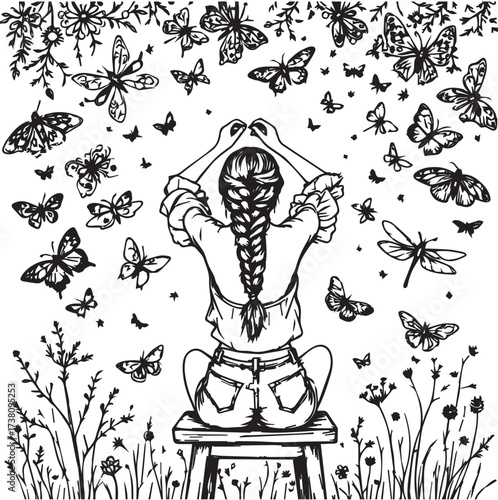 Black and white illustration of person with braid forming heart surrounded by butterflies and floral elements