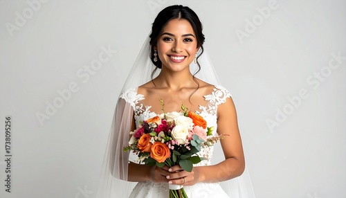Smiling Bride Holding Vibrant Wedding Bouquet in Elegant White Lace Gown – Realistic HD Stock Photo