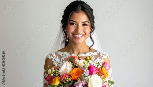 Smiling Bride Holding Vibrant Wedding Bouquet in Elegant White Lace Gown – Realistic HD Stock Photo