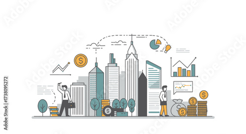 Financial District Modern Cityscape with Business People and Economic Growth Illustrations