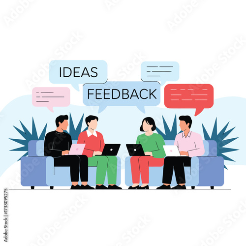 Diverse team collaboration with laptops exchanging ideas and feedback in modern workspace