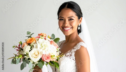 Smiling Bride Holding Vibrant Wedding Bouquet in Elegant White Lace Gown – Realistic HD Stock Photo