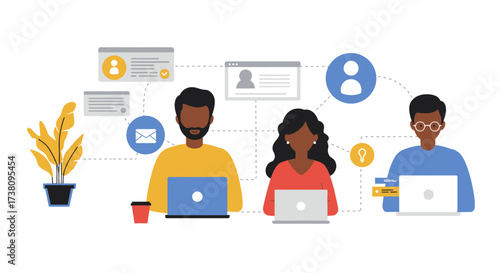 Diverse team collaborating remotely on laptops, connected by digital communication lines, representing teamwork and global connectivity