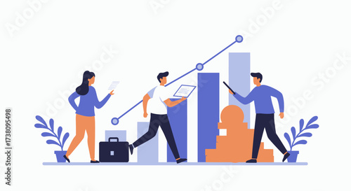 A team of professionals collaborating on data analysis, examining a rising bar graph that represents successful business growth and market strategy