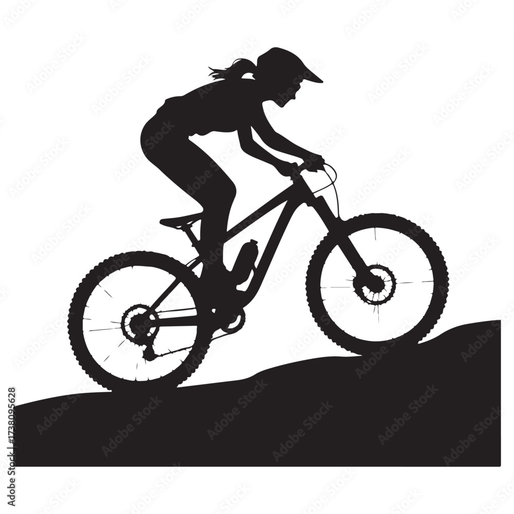 Naklejka premium Silhouette of a female cyclist riding a mountain bike downhill on a rough terrain technology background