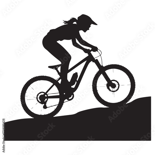 Silhouette of a female cyclist riding a mountain bike downhill on a rough terrain technology background