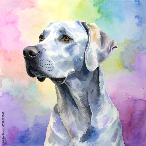 Watercolor portrait of a dog.  Colorful background