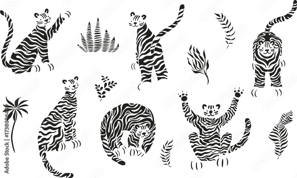 Set cute abstract black and white tigers, unique modern style. Stripes, decoratie style. Collection of simple tiger in different pose. Chenese New Year 2022, Orient Zodiac sign, illustration on white.