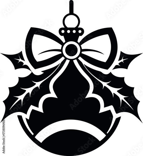 Elegant black Christmas bells with holly and stars isolated on white background
