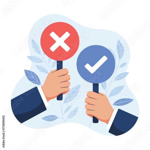 Hands holding paddles with check mark and cross icons for positive negative feedback