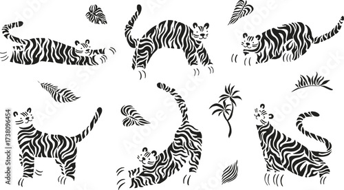 Set cute abstract black and white tigers, unique modern style. Silhouette and stripes. Collection of simple tiger in different pose. Chenese New Year 2022, Orient Zodiac sign, illustration on white.