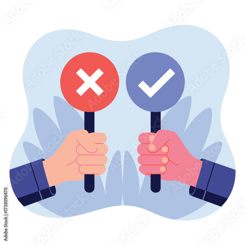 Decision making process showing acceptance and rejection with hands holding signs
