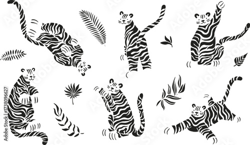 Set cute abstract black and white tigers, unique modern style. Florals and branches. Collection of simple tiger in different pose. Chenese New Year 2022, Orient Zodiac sign, illustration on white.