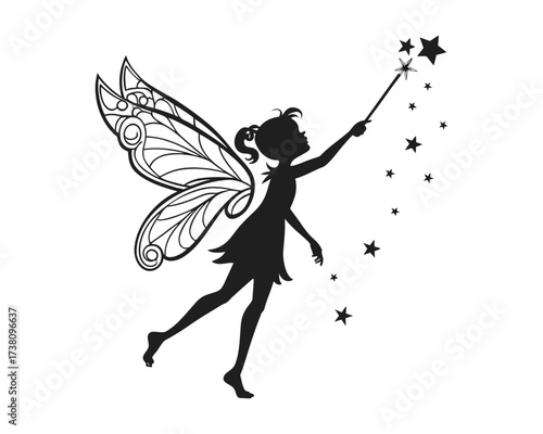 A black silhouette of a fairy in mid-flight, with detailed wings and a wand casting sparkling stars.