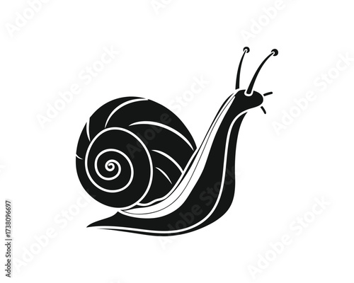 A simple, graphic illustration of a snail in profile, featuring a textured black body and a dark, spiraling shell against a white background