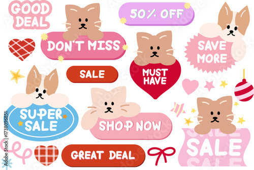 Cute Christmas sale icons with puppy and cat for online shopping, promotion, sticker, banner, special price, discount, web button, campaign badge, brochure, price tag, animal, pet shop, vet, winter ad