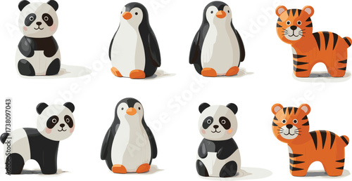Stylized Wooden Animal Figurines Arrangement Vector Illustration