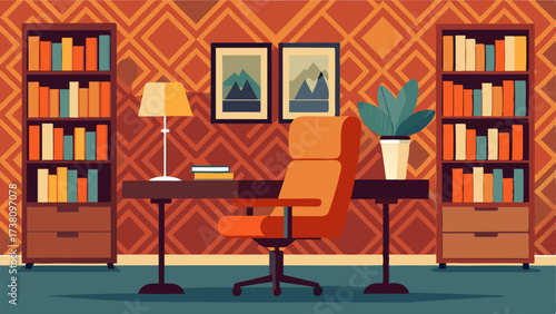 A home office with a mix of bold patterned wallpaper a vintage leather desk chair and a wall of floortoceiling bookcases.