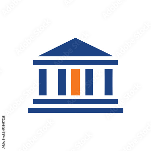 Blue and Orange Ancient Greek Building Icon with Orange Pillar on White Background Keywords: building, architecture, ancient, greek, icon, symbol