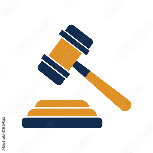 Blue and Orange Icon of a Gavel and Sounding Block on White Background judge justice